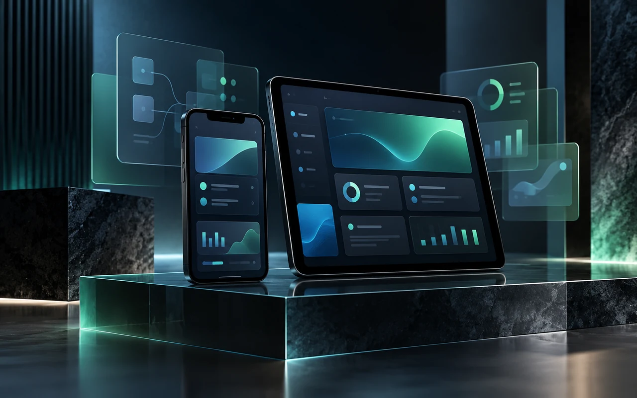 Illustratives Smartphone und Tablet mit modularen Bedienoberflächen für individuelle Geschäftsanwendungen