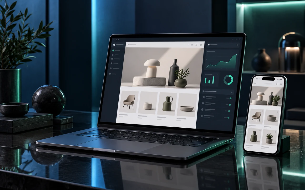 Illustrative Darstellung eines Onlineshops und seines Verwaltungsbereichs auf Laptop und Smartphone