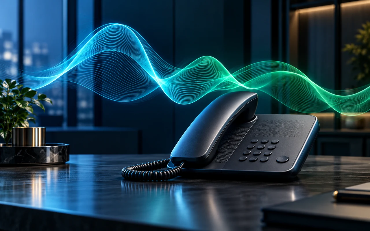 Illustratives Bürotelefon mit einer blau-grünen Audiowelle als Motiv für KI-Telefonassistenz